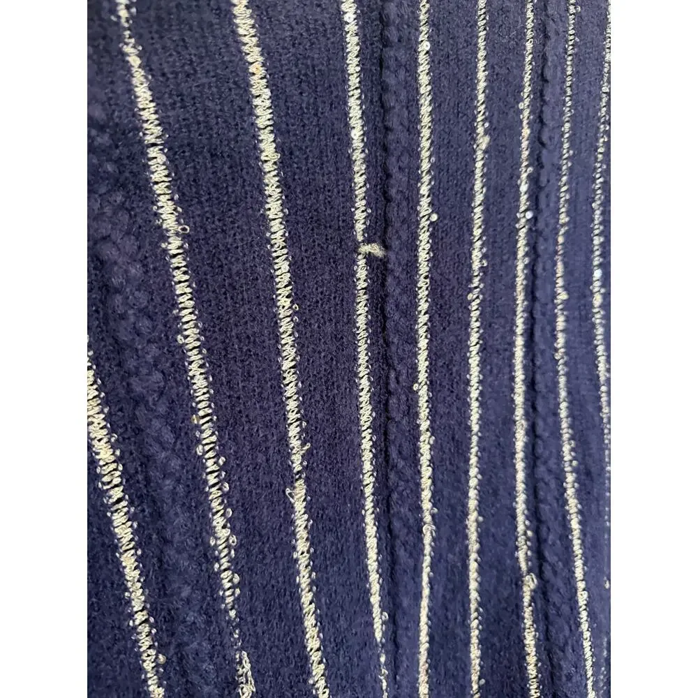 Bon Worth Cozy Boho Deep Blue W/ Silver Metallic Striped Poncho W/ Fringe
